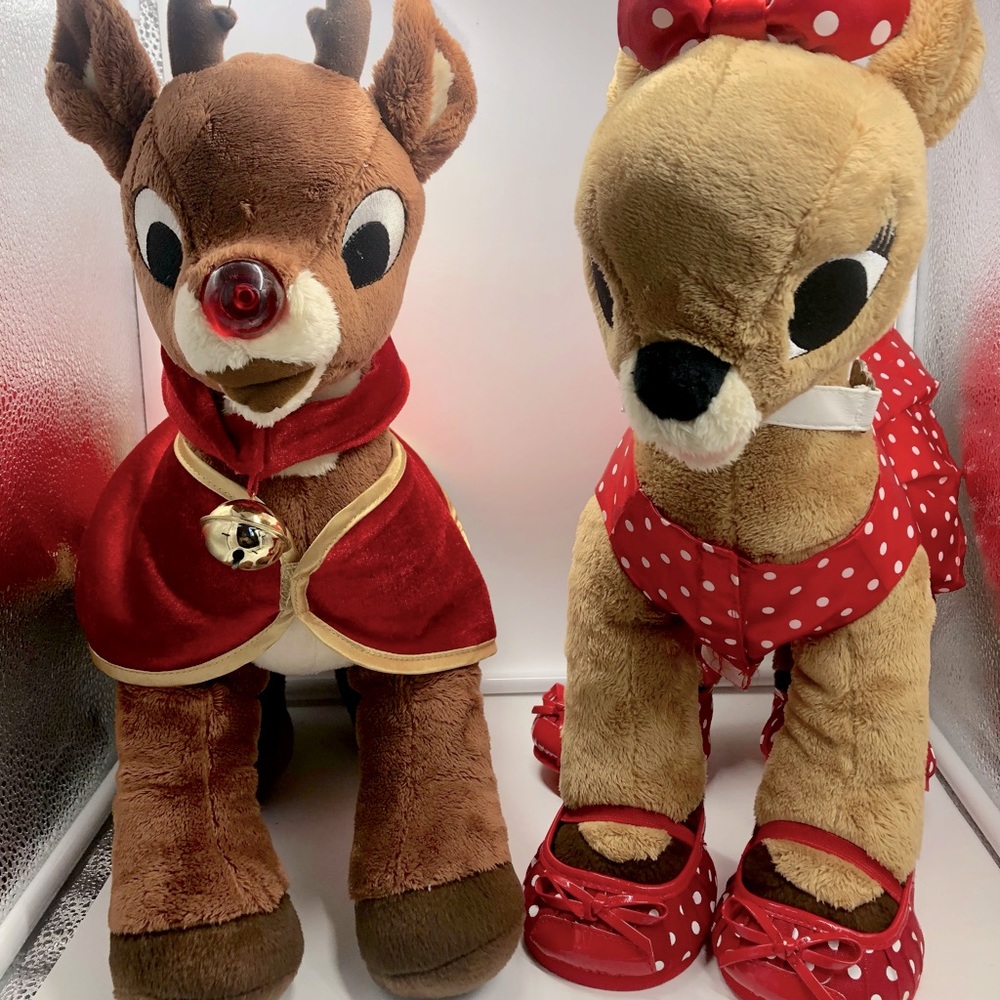 Build A Bear Rudolph LIGHT UP Red Nose & Clarice Plush Dress polka dot shoes